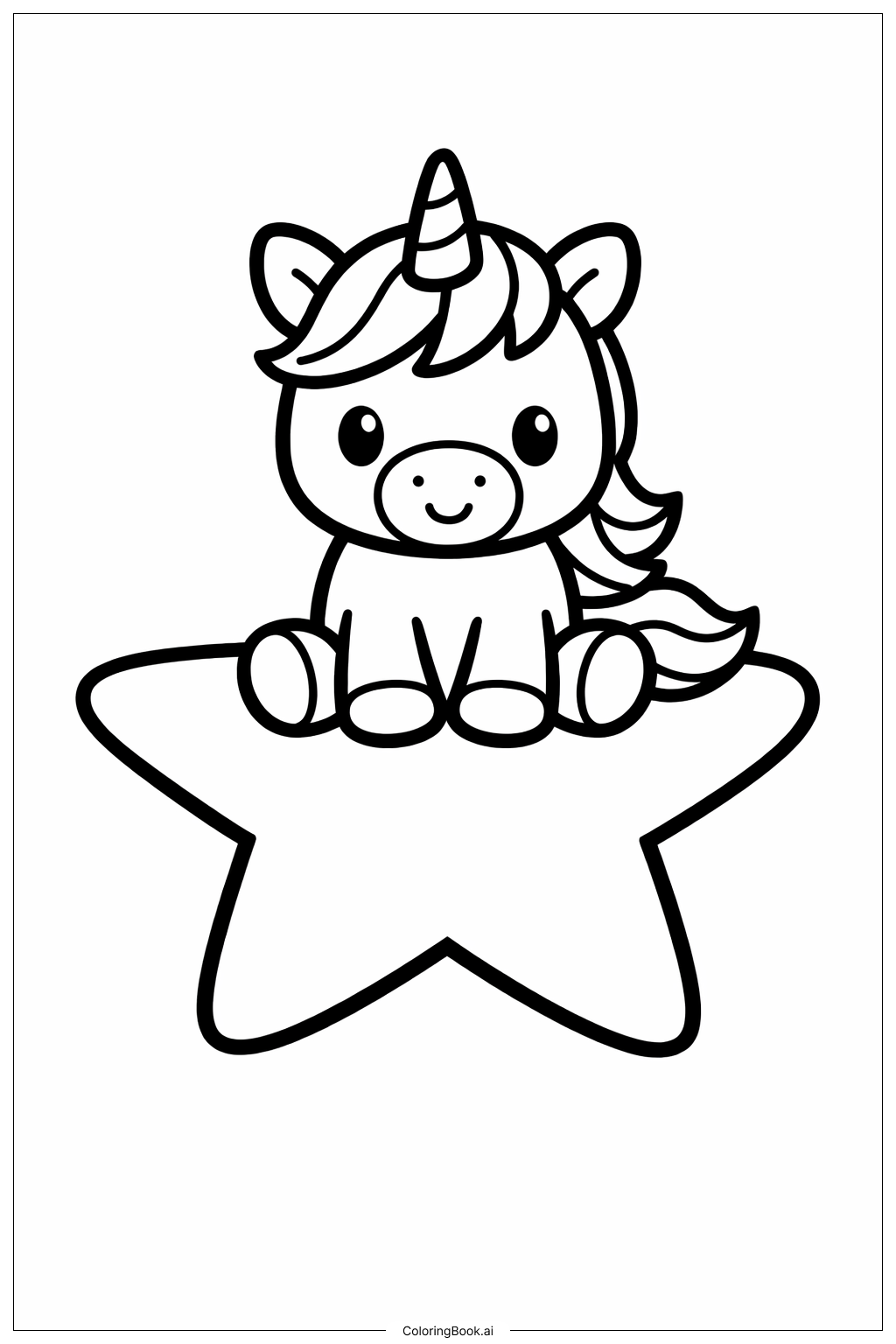  Page de coloriage Licorne mignonne sur une étoile simple 