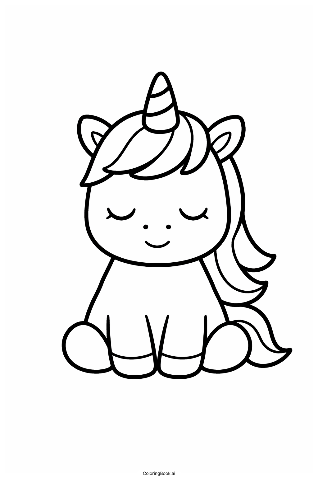  Page de coloriage Licorne mignonne assise calmement 