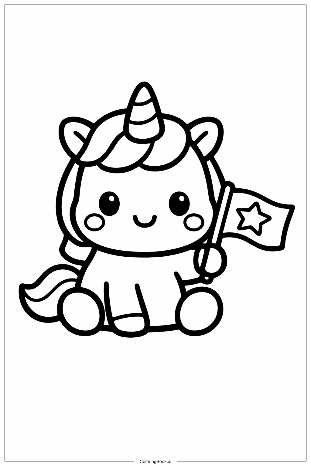  Page de coloriage Licorne mignonne agitant un drapeau 