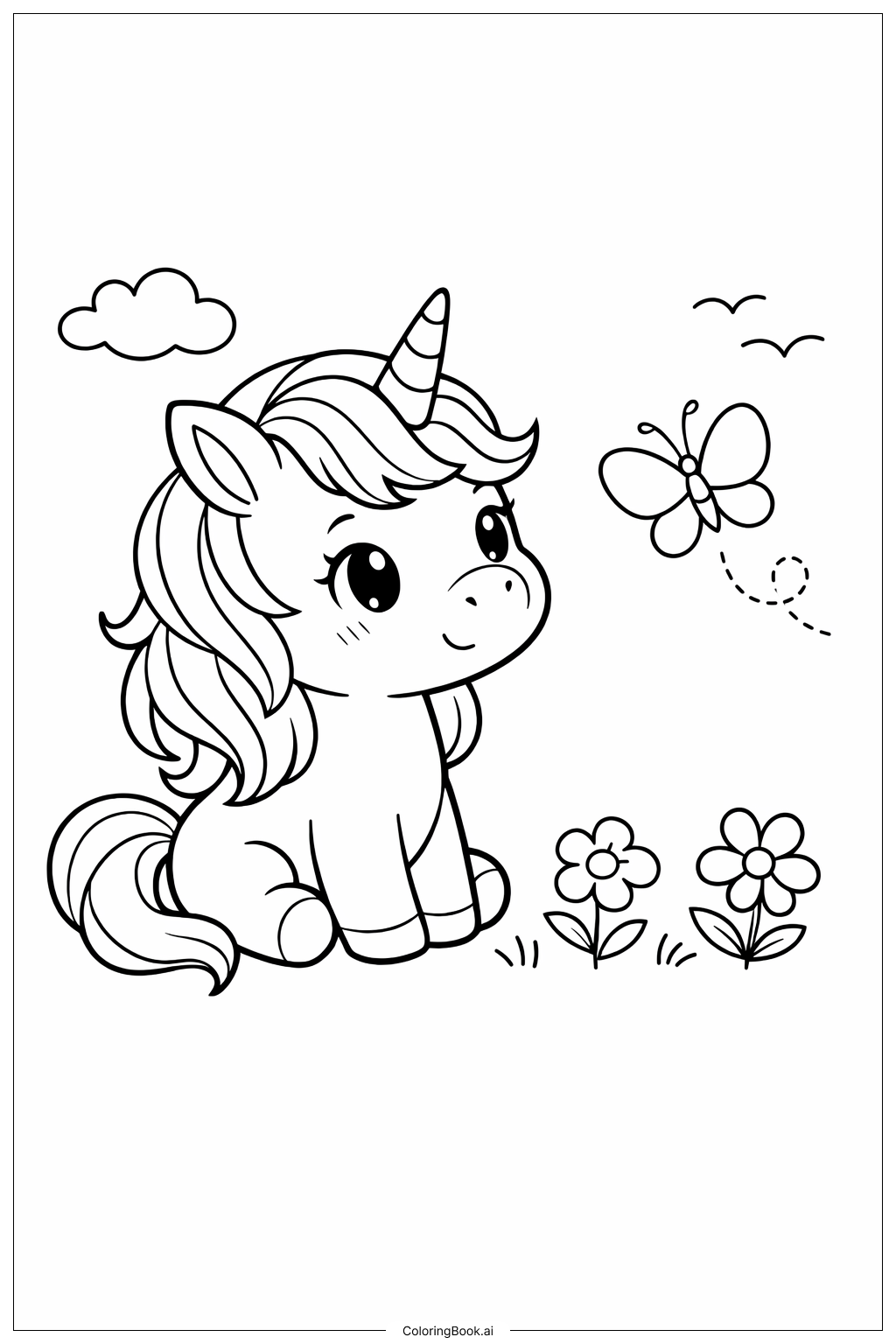 Page de coloriage Licorne mignonne avec son amie papillon 