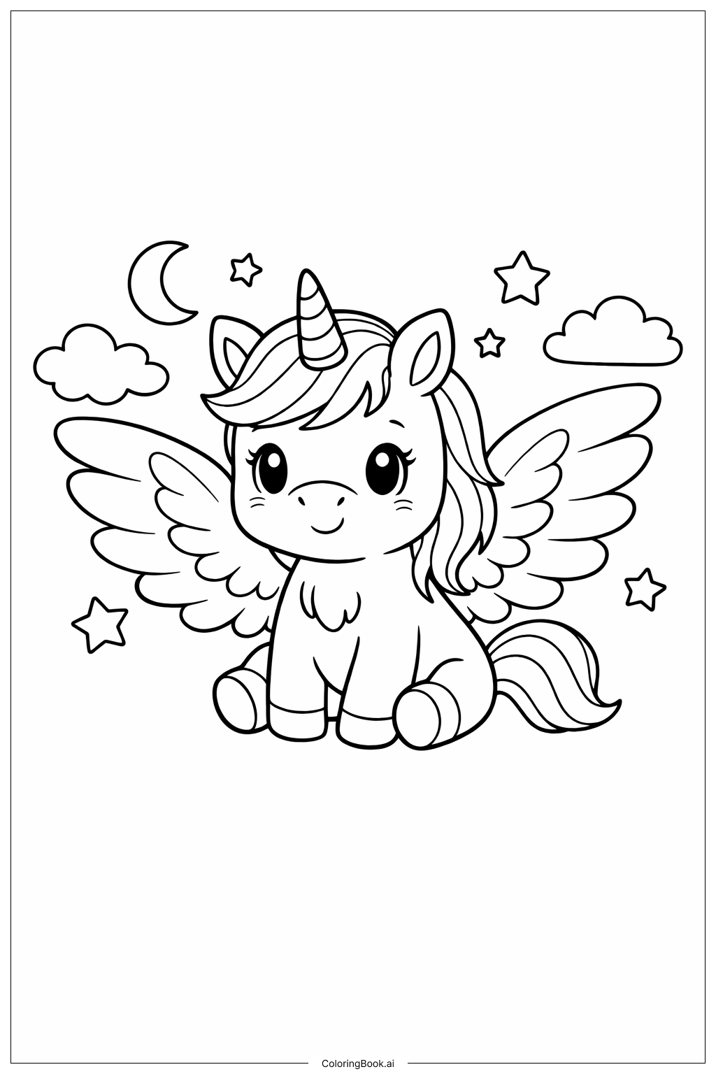  Page de coloriage Joli Licorne avec Ailes de Fée 