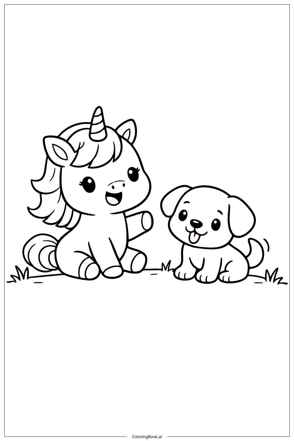  Page de coloriage Licorne mignonne avec un chiot amical 