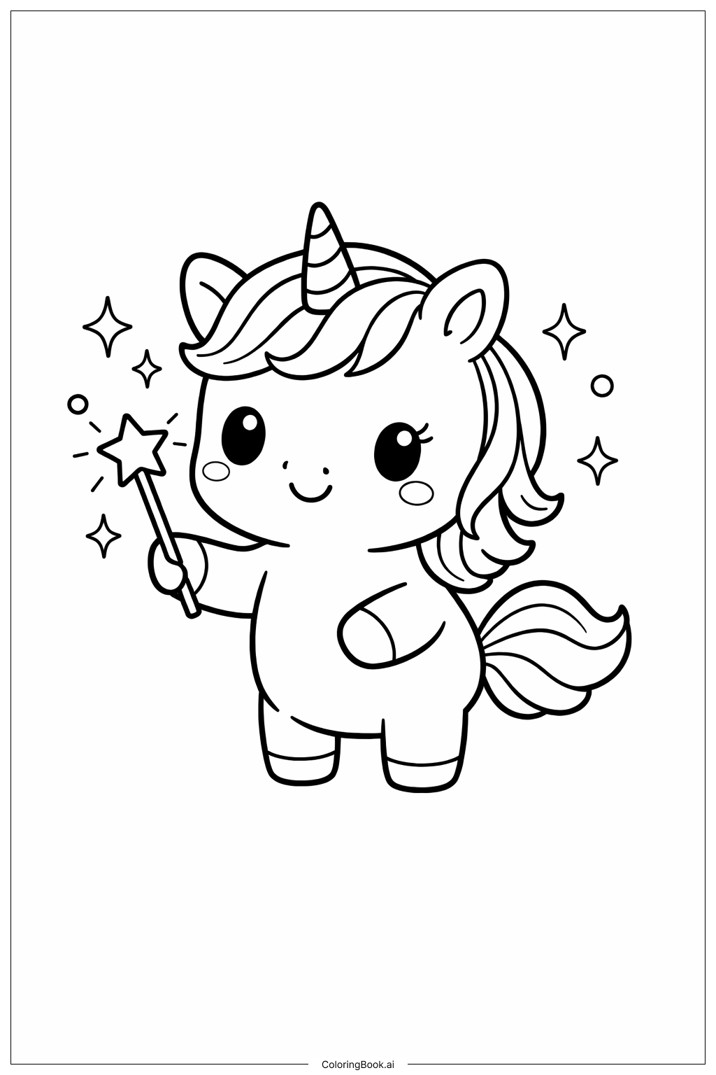  Page de coloriage Joli Licorne avec Baguette Magique 
