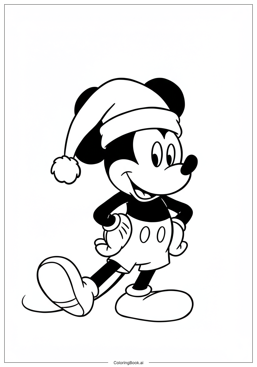  Página para colorear de Mickey Mouse con Gorra de Navidad 