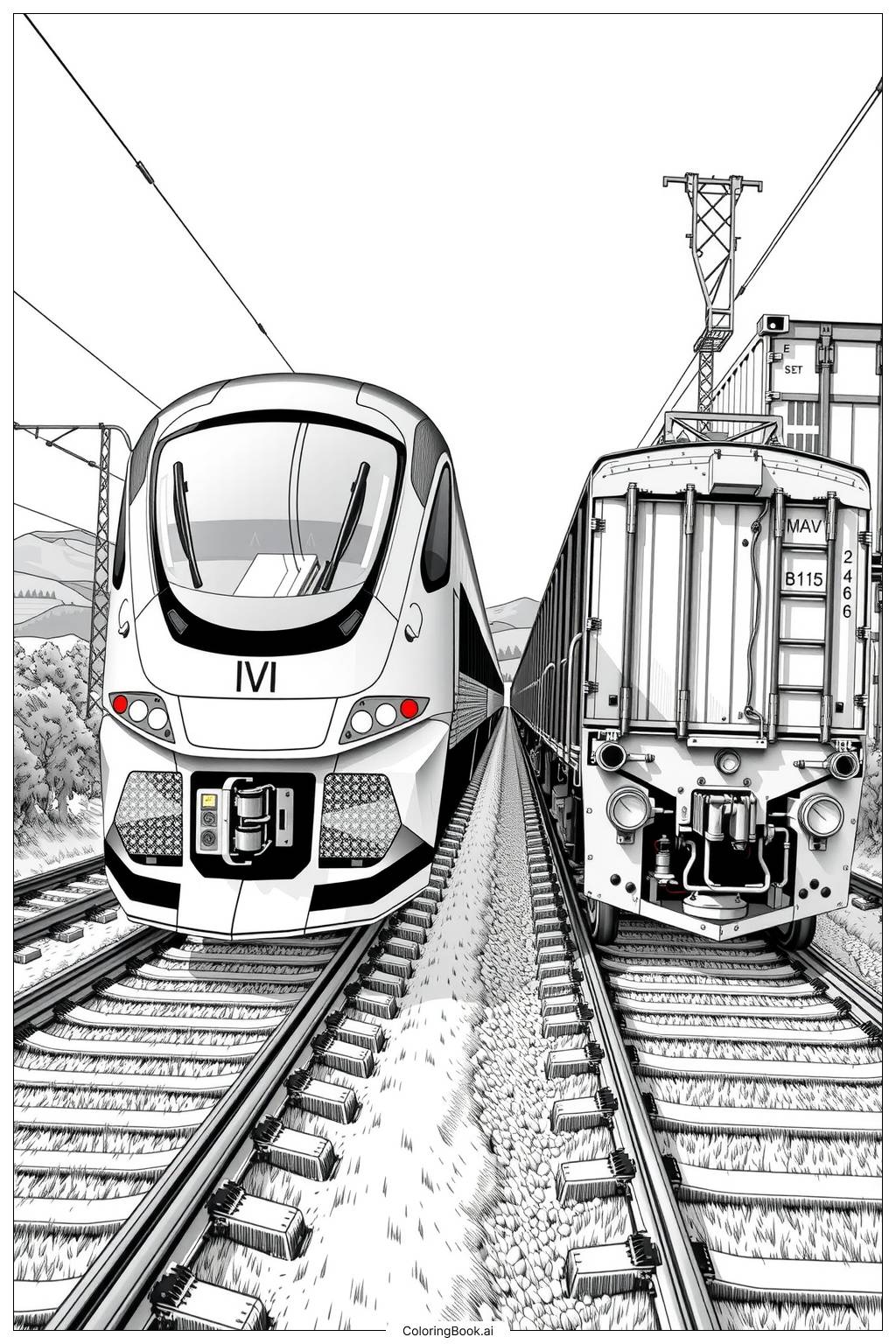  Página para colorir de trem de alta velocidade e trem de carga se cruzando 