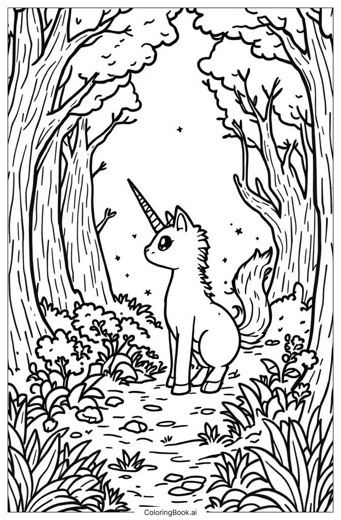  Página para colorear de Gato Unicornio Explorando un Bosque Mágico 