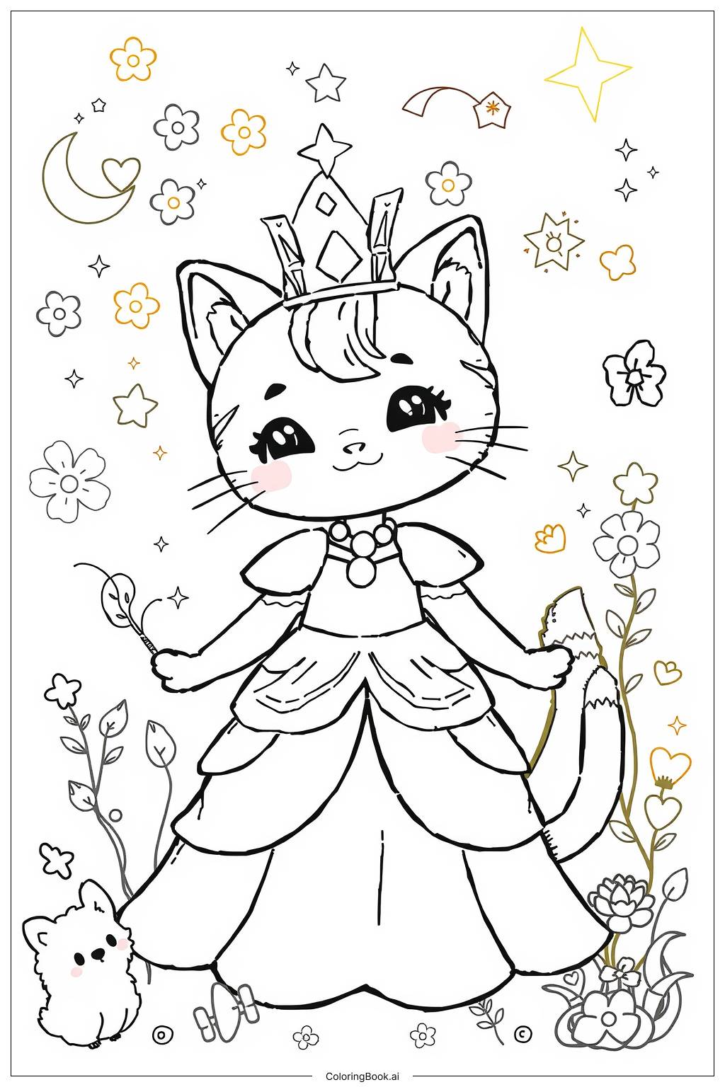  Página para colorir de Princesa Gato Kawaii 