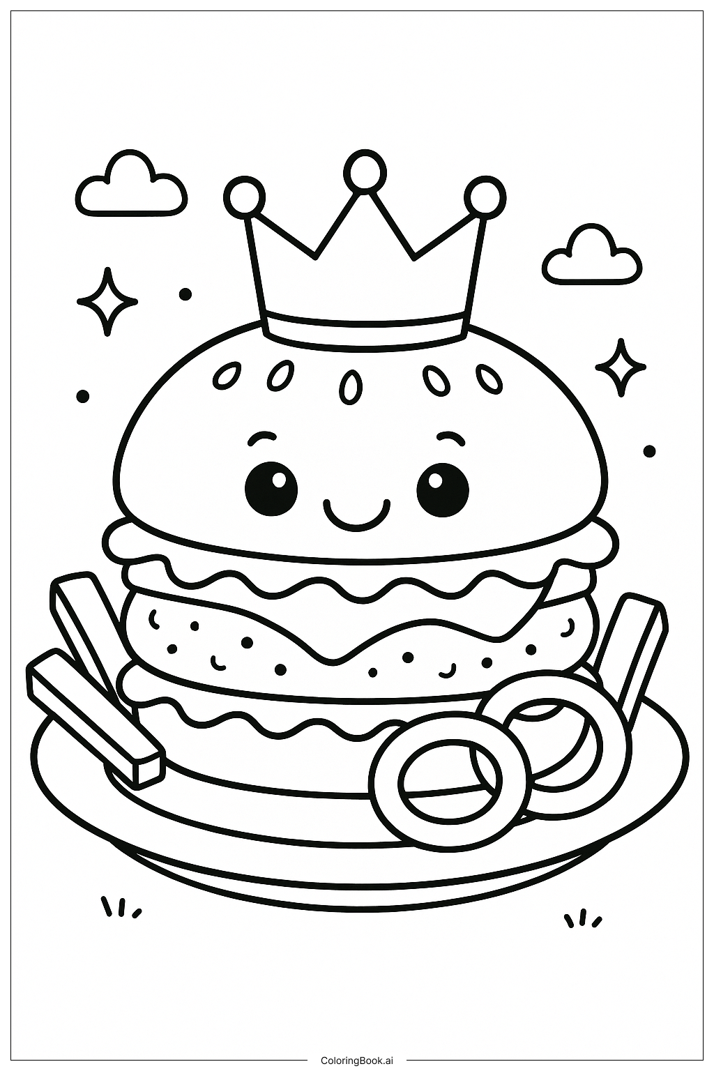  Page de coloriage Un roi du hamburger avec une couronne 
