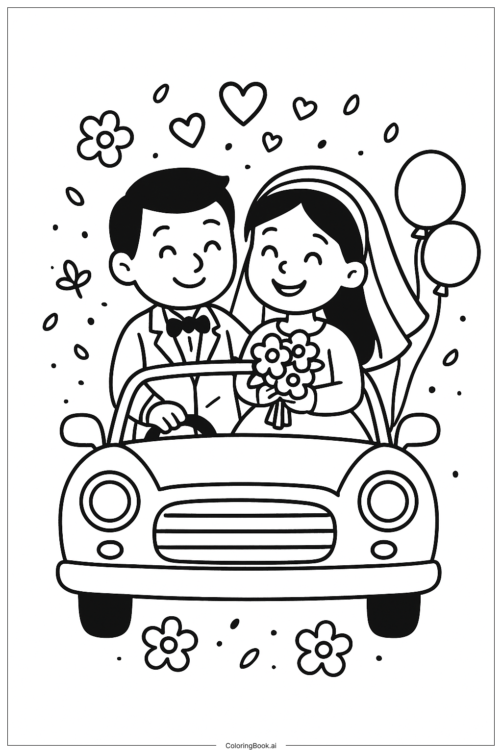  ヴィンテージカーに乗る結婚式のカップルの塗り絵ページ 