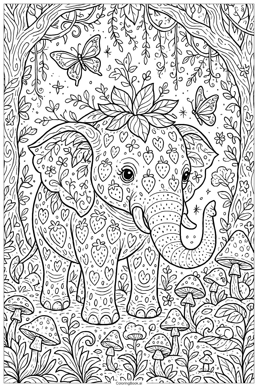  魔法草莓大象与神秘森林填色页 