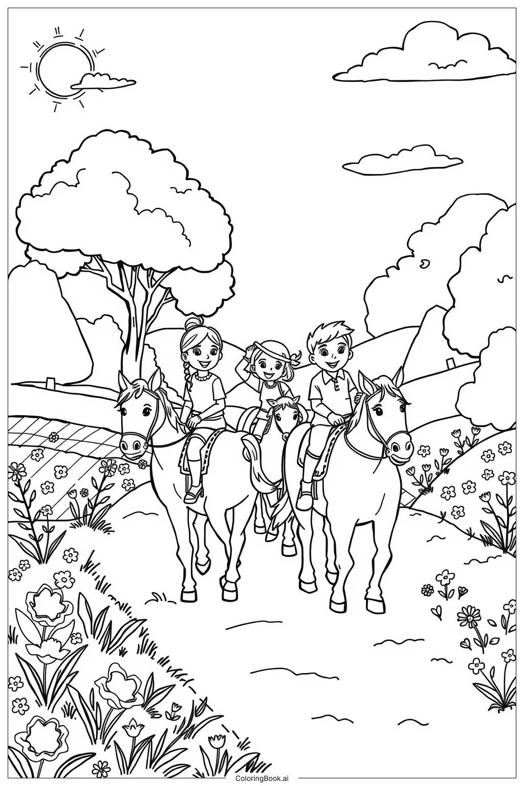  Página para colorear de Familia montando caballos en un sendero 