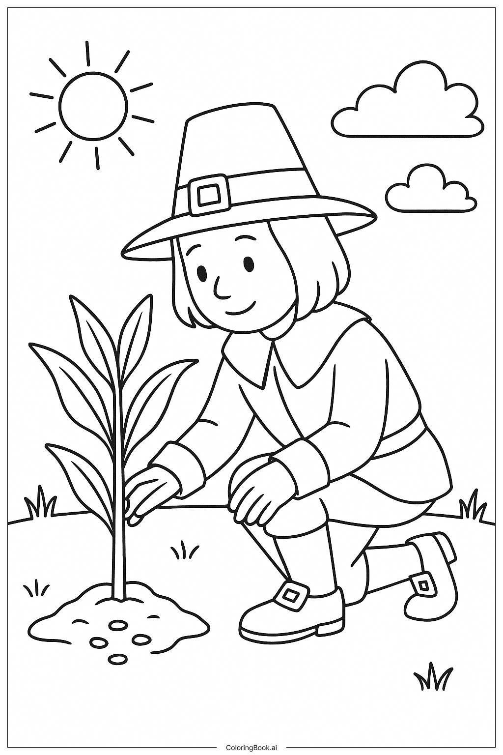  필그림이 옥수수 심기 배우기 색칠공부 페이지 