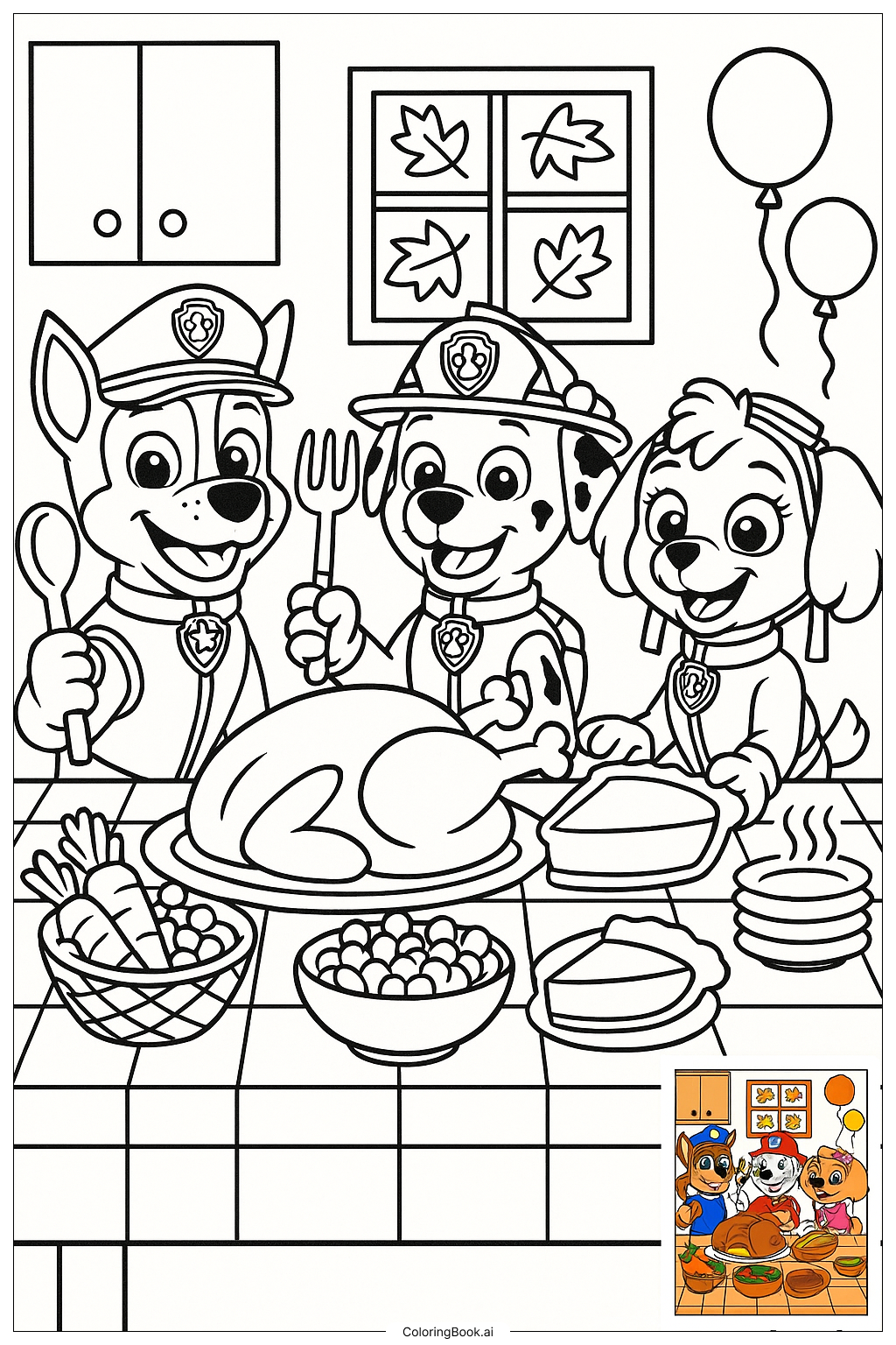  Página para colorir de Preparação do Jantar de Ação de Graças dos Filhotes da Patrulha Canina 