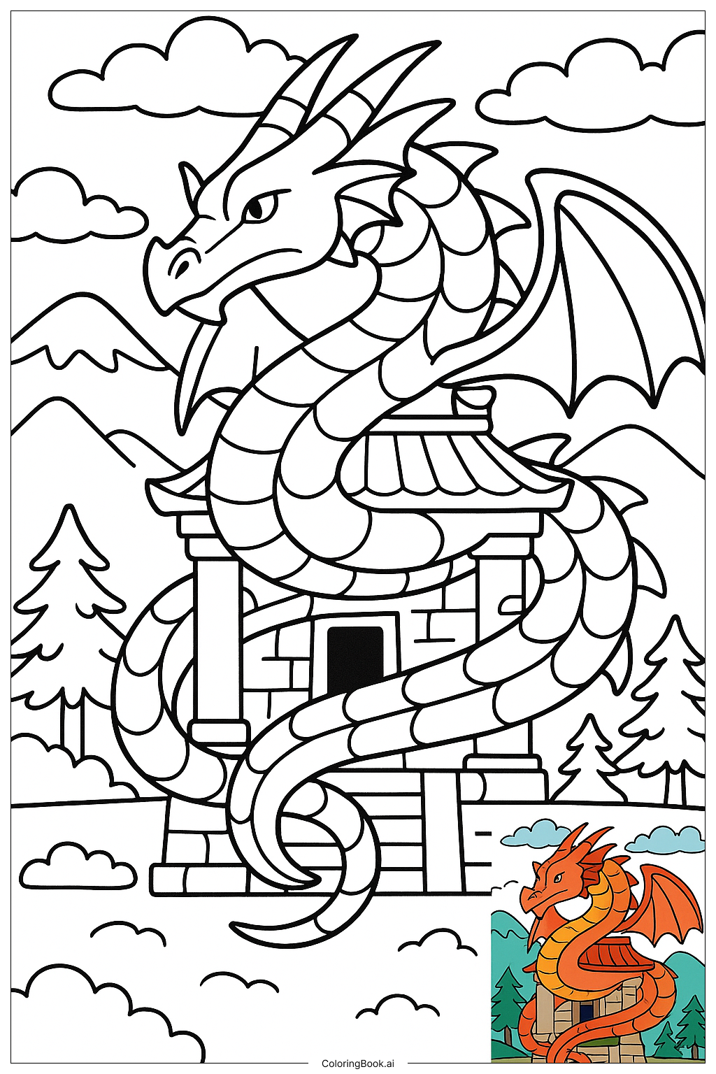  ドラゴンが守る古代の寺院の塗り絵ページ 