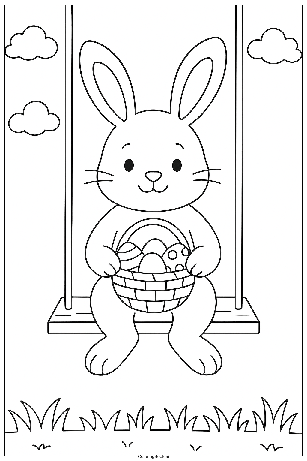 Easter Bunny On A Wooden Swing Coloring Page