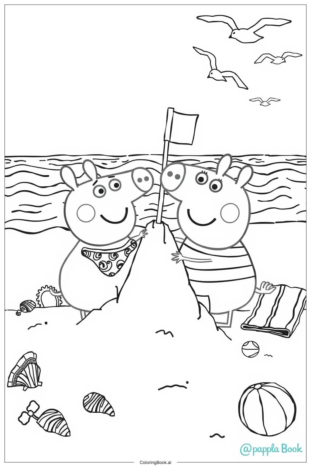  peppa pig visiting the beach with george-2 Coloring Page 