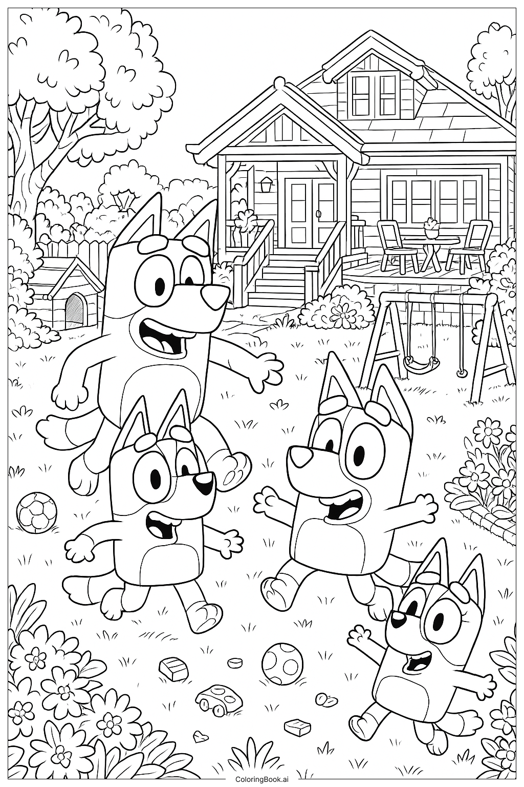  Página para colorear de El patio trasero de la casa Heeler con Bluey y su familia 