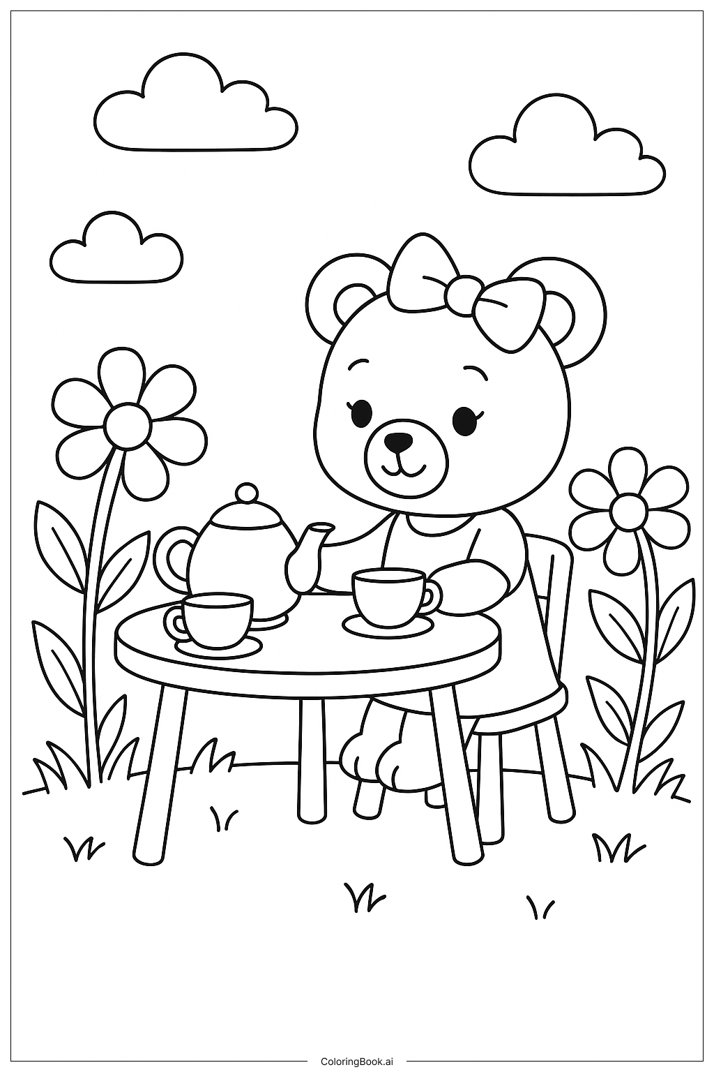  Girl Teddy Bear Having A Tea Party Coloring Page 