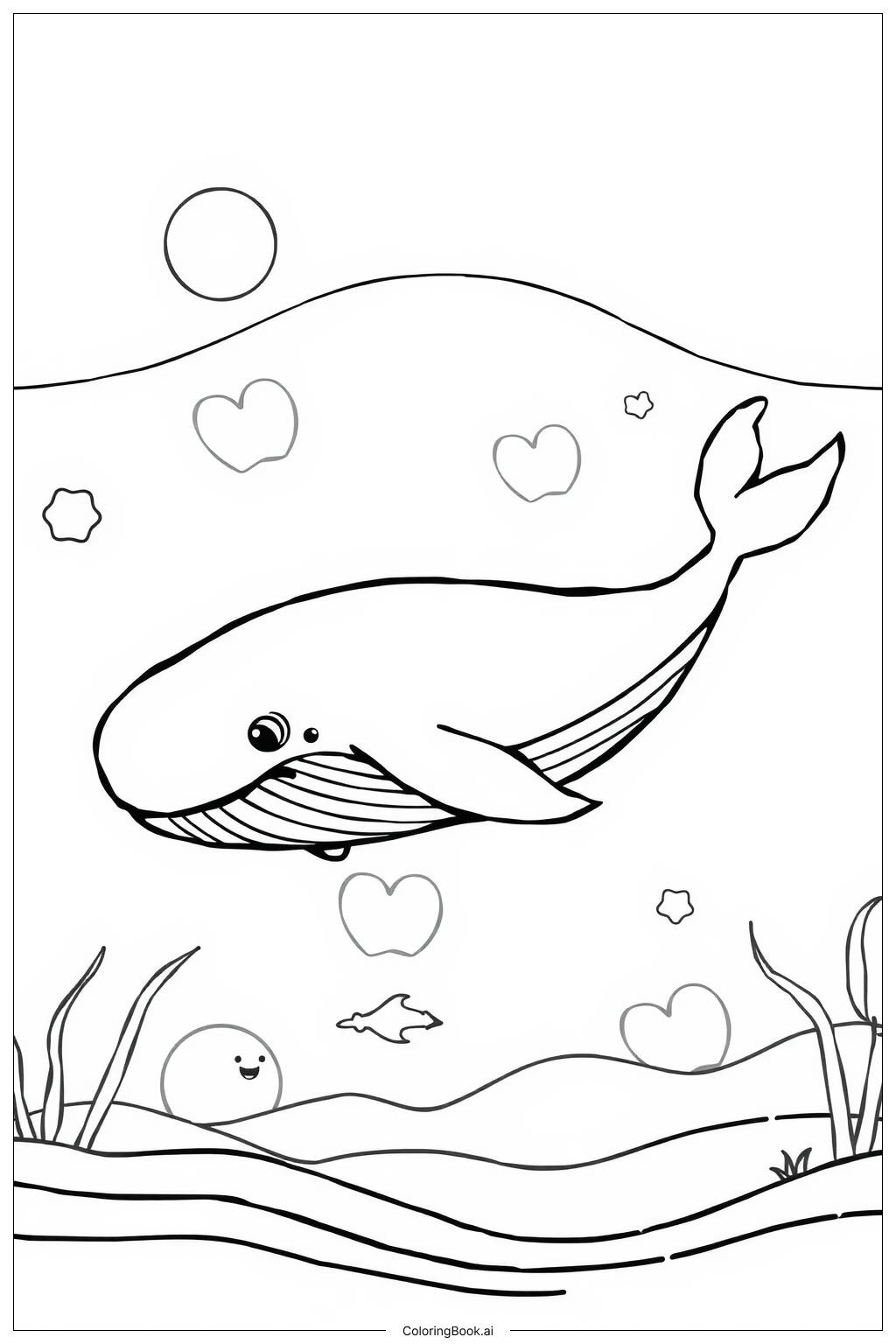  Page de coloriage Baleine nageant à travers un arc-en-ciel 