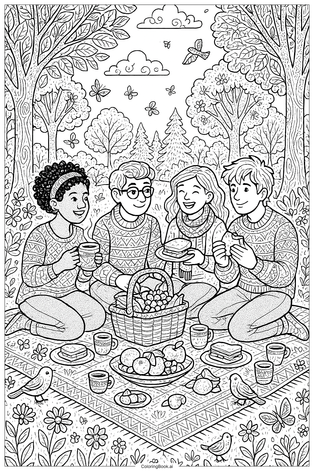 Cozy Friends Having A Picnic Coloring Page