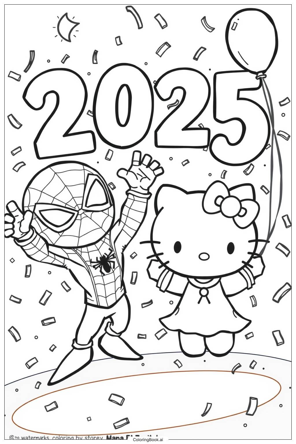  Página para colorir de Homem-Aranha celebrando 2025 com Hello Kitty 