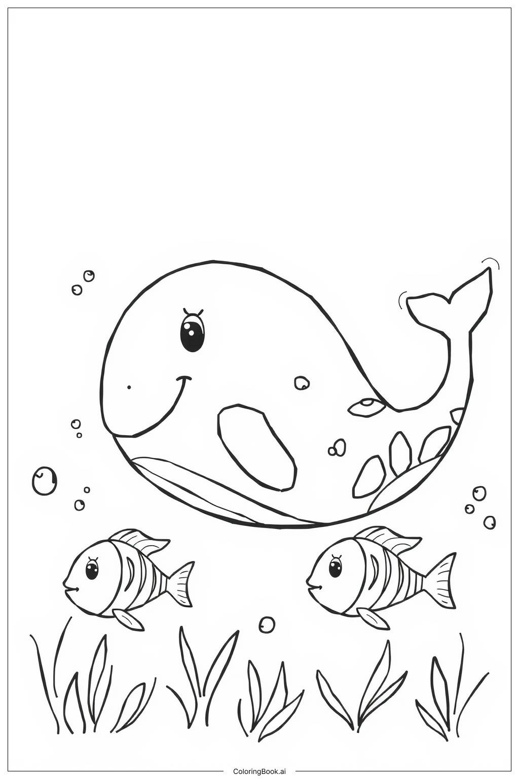  Page de coloriage Baleine et poissons amis dans un récif corallien 