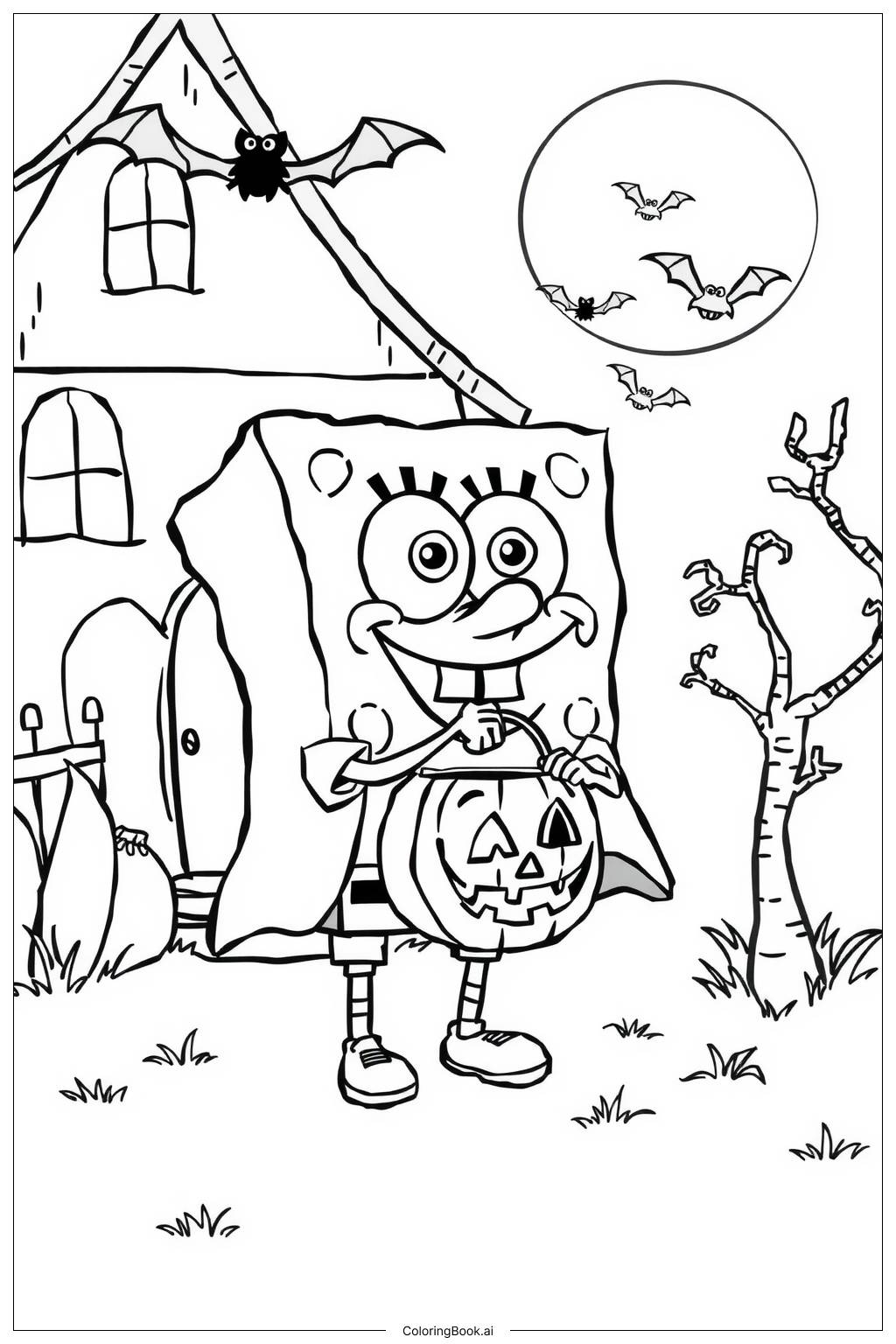  Página para colorir de SpongeBob Halloween Casa Assombrada 