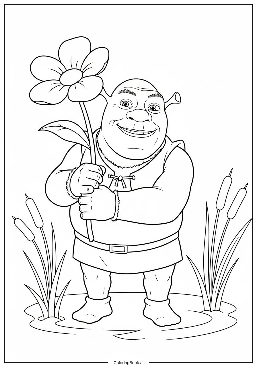 怪物史瑞克手捧沼泽花填色页