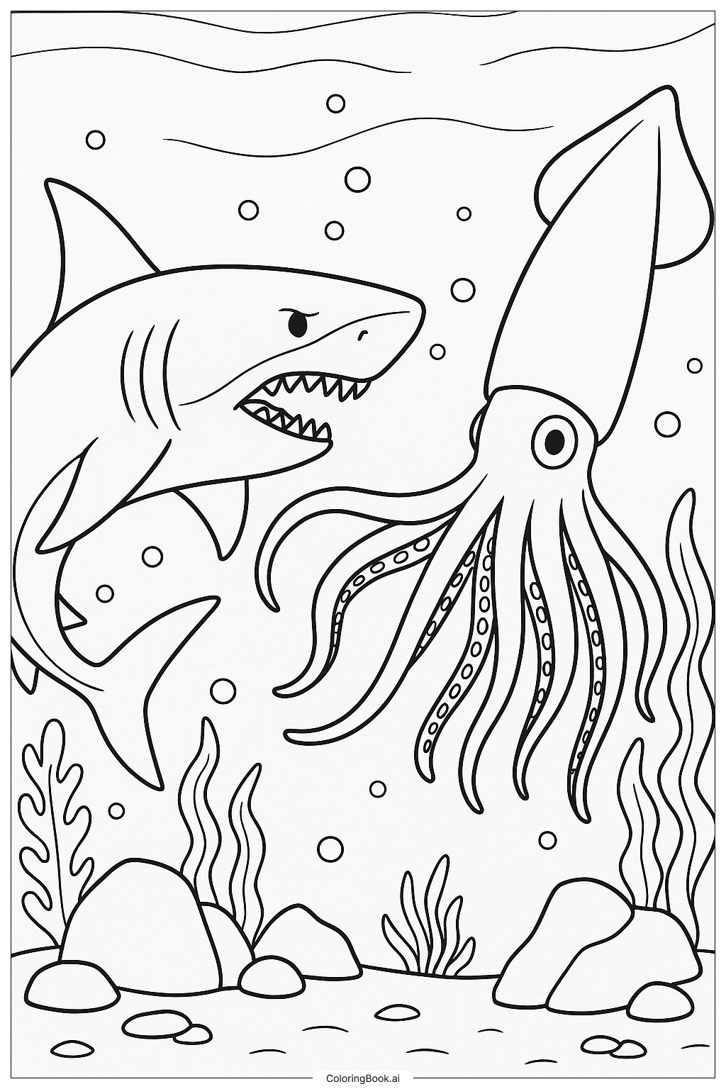  Megalodon und ein Riesenkrake Ausmalseite 