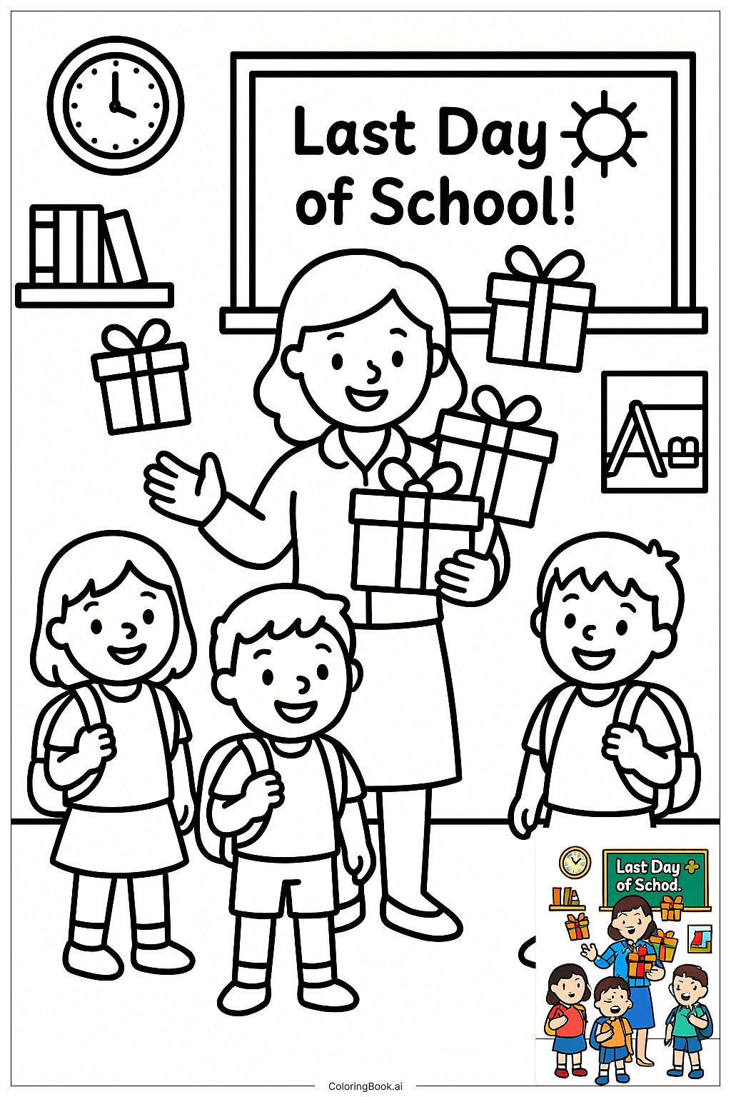  Last Day Of School Teacher Giving Giftsの塗り絵ページ 