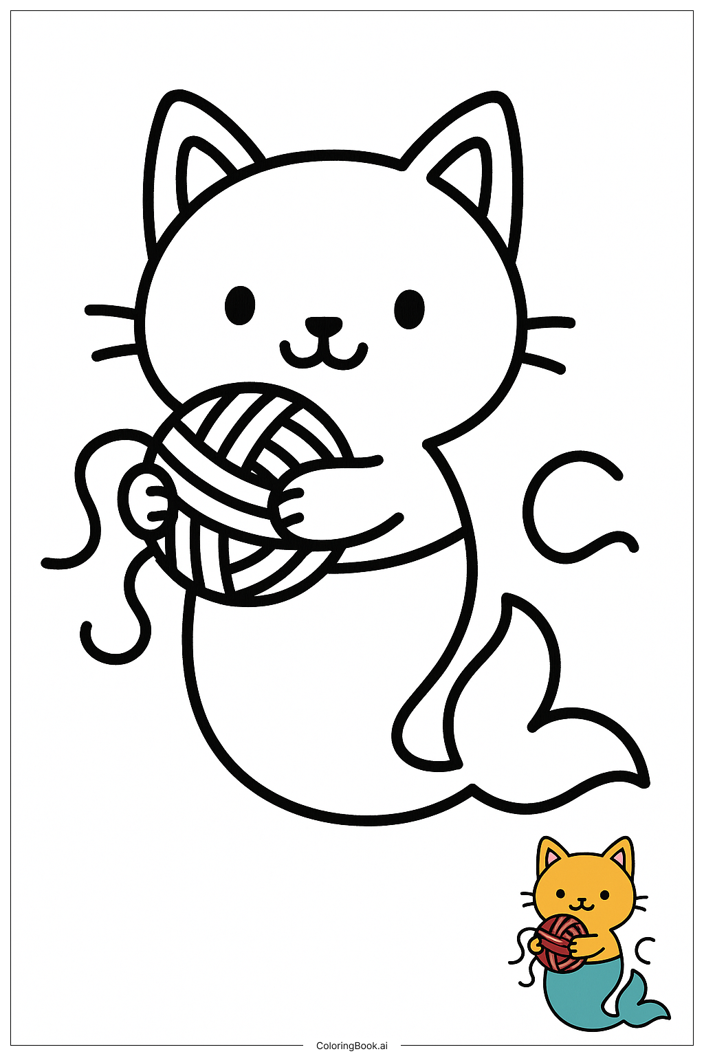  美人鱼猫玩毛线填色页 