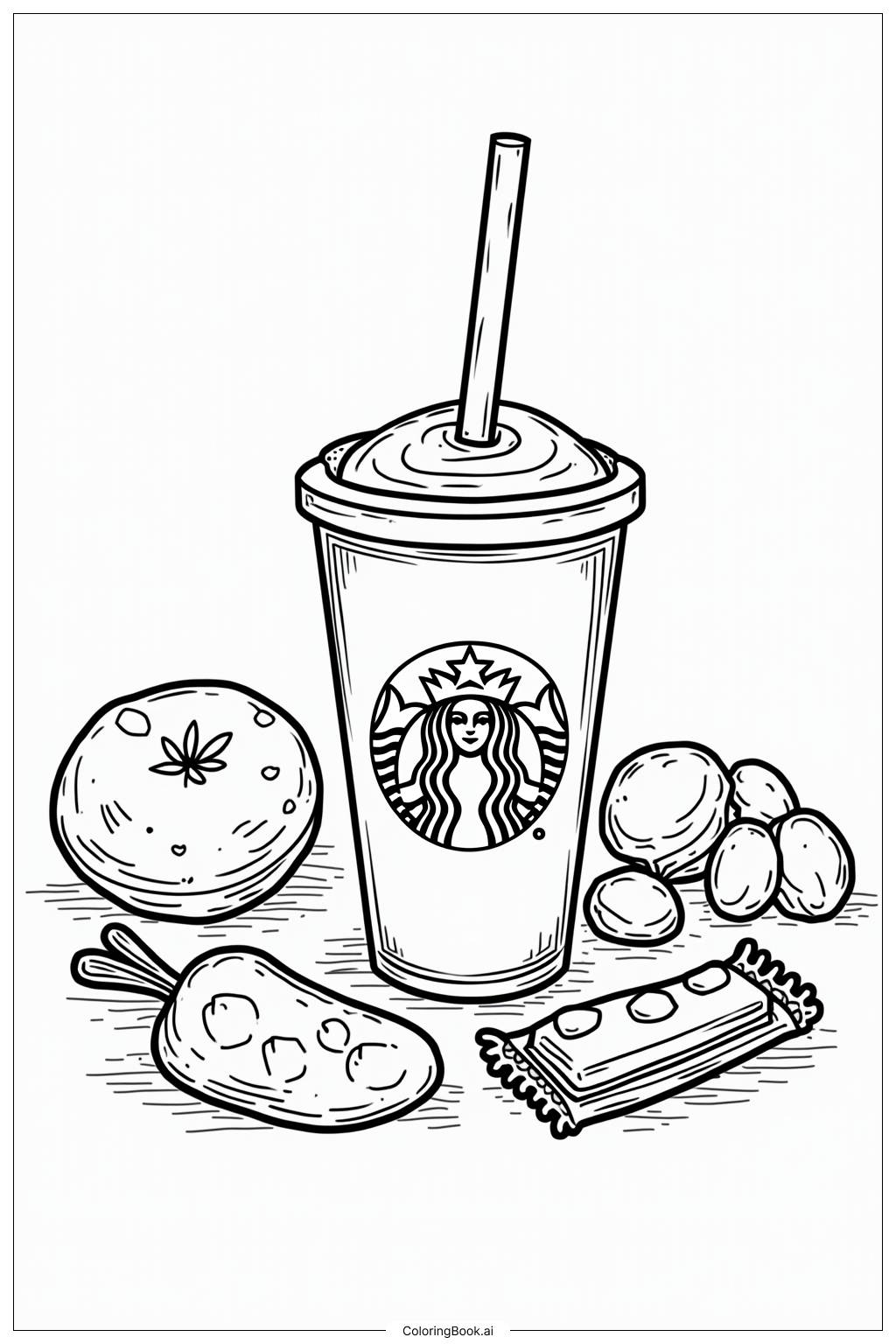  Page de coloriage Boisson Starbucks Entourée de Snacks Mignons 