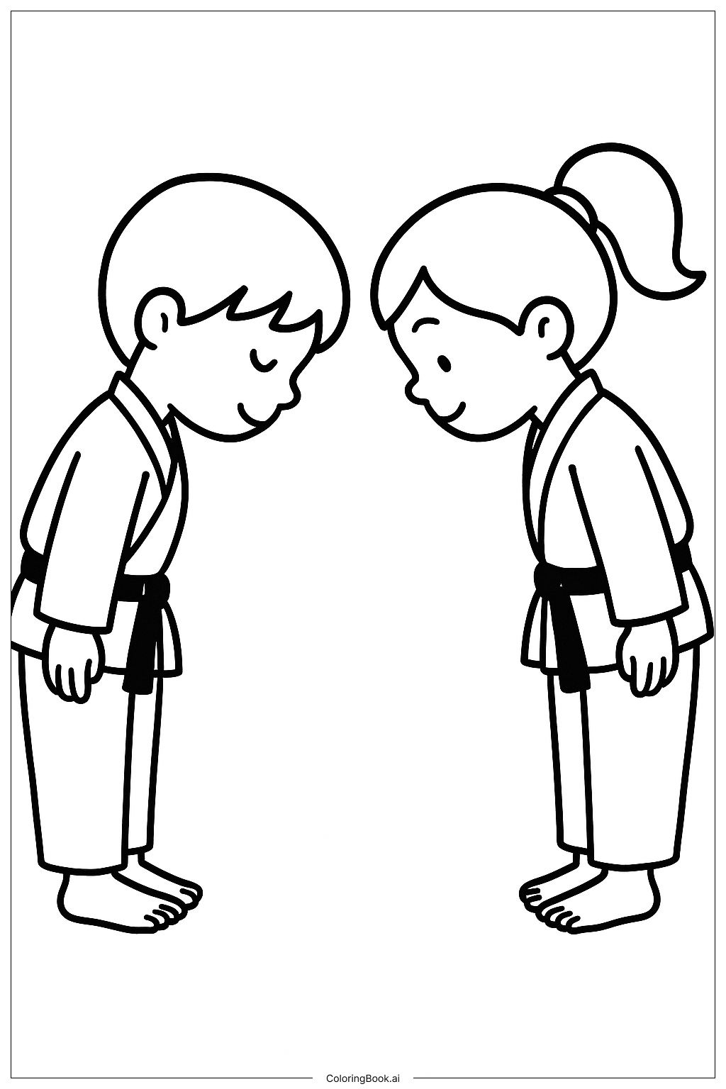  카라데를 위한 두 아이의 절 인사 색칠공부 페이지 