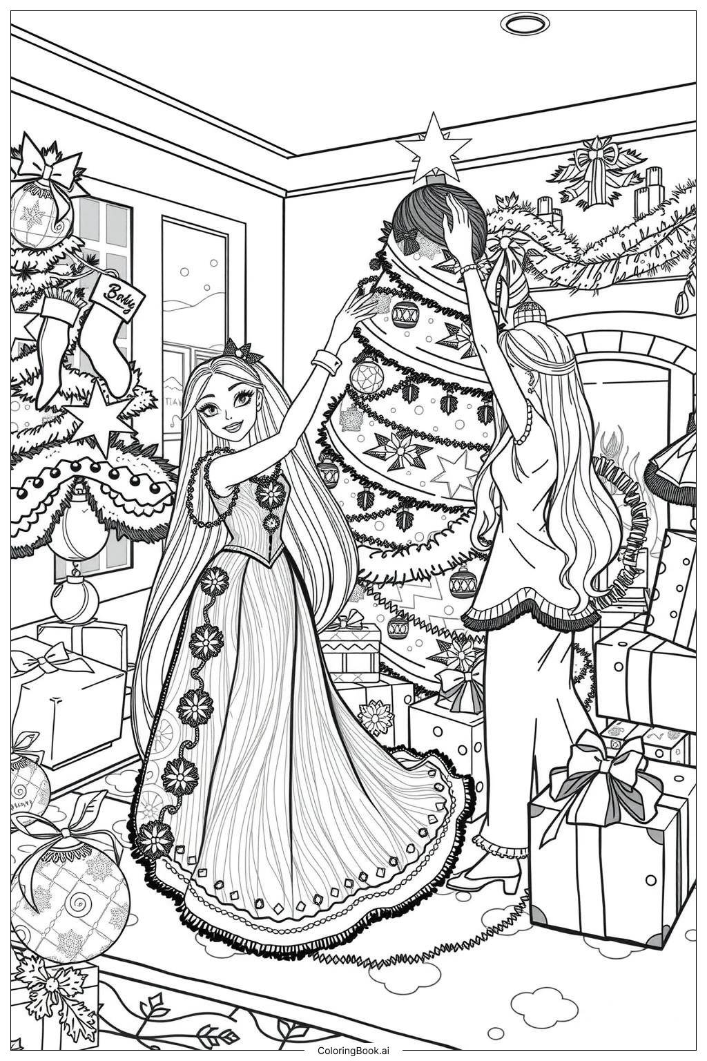  Page de coloriage barbie décoration d'arbre de Noël avec des amis 