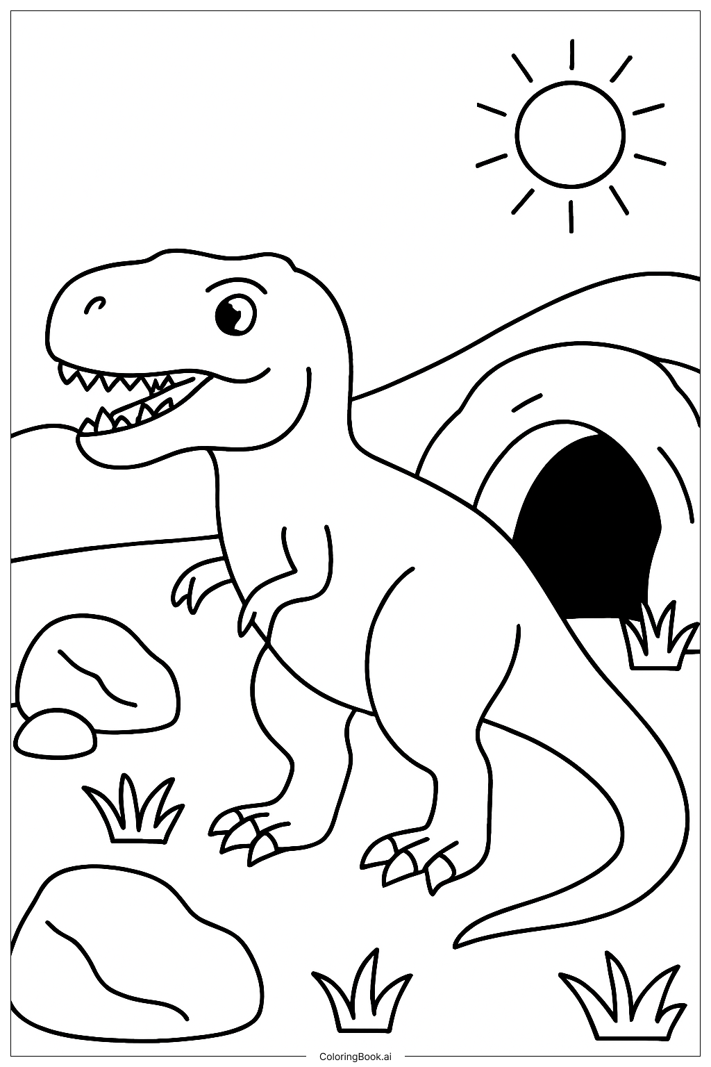Página para colorear de T-Rex Descubriendo Una Cueva