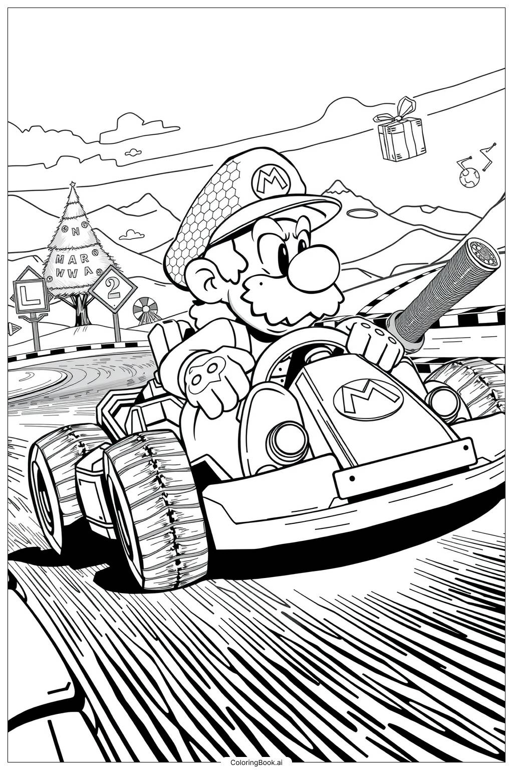  Mario Driving in Mario Kart Coloring Page 