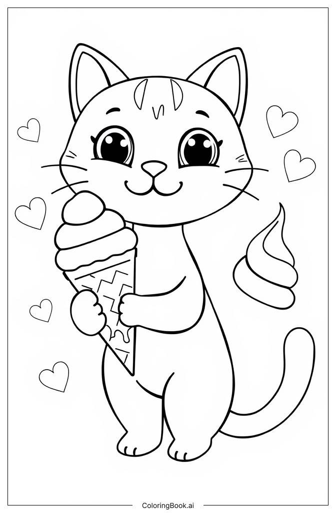  Página para colorir de Gato Kawaii com Sorvete 