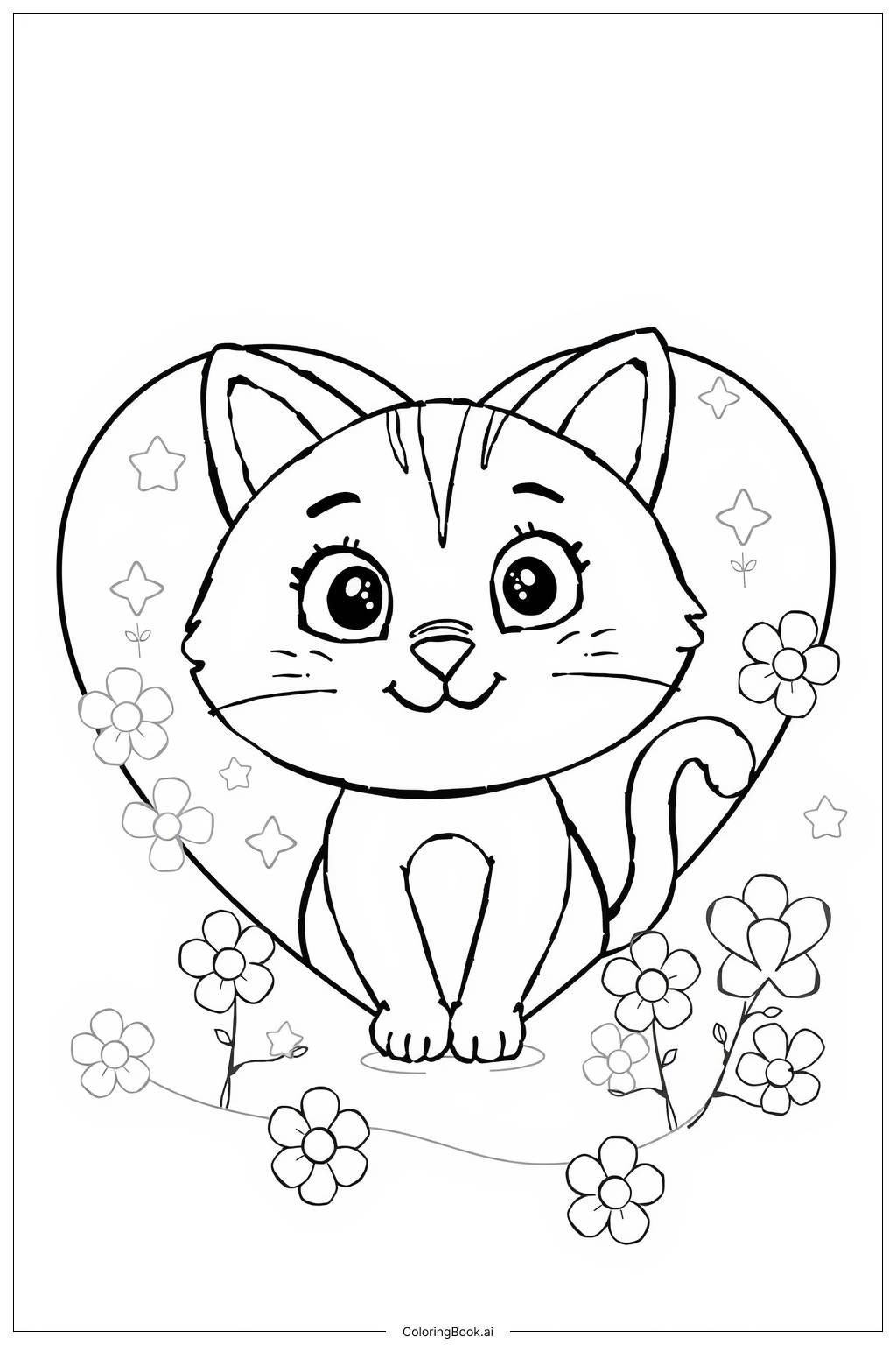  Page de coloriage Chat Doux Coeur 