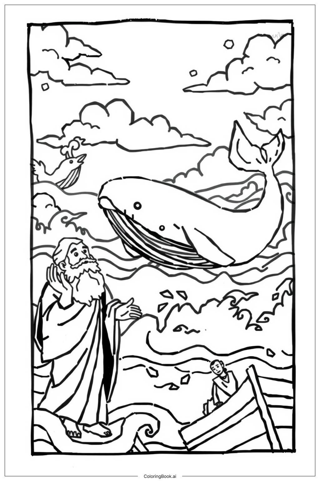  Page de coloriage Jonas et la Baleine dans une Scène de Conte 