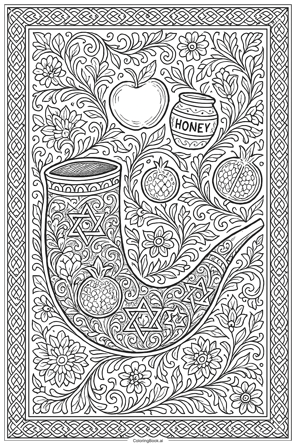  An Ornate Rosh Hashanah Shofar Decoration著色頁 