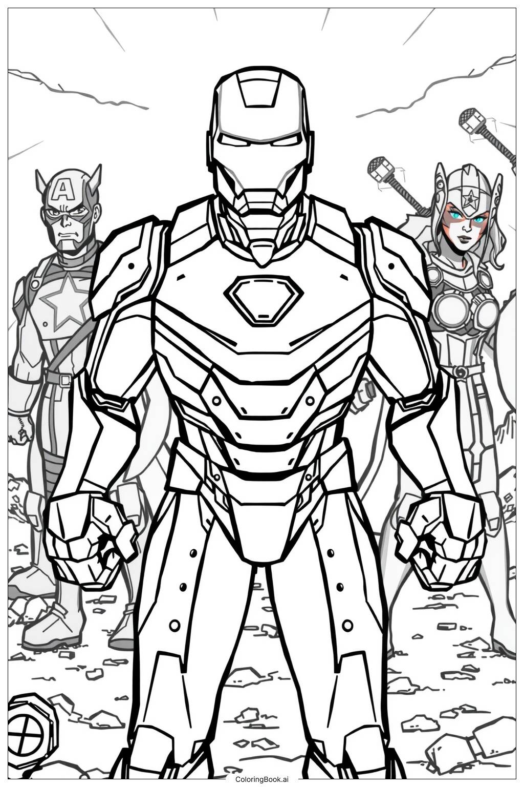  Page de coloriage Iron Man Menant les Avengers 