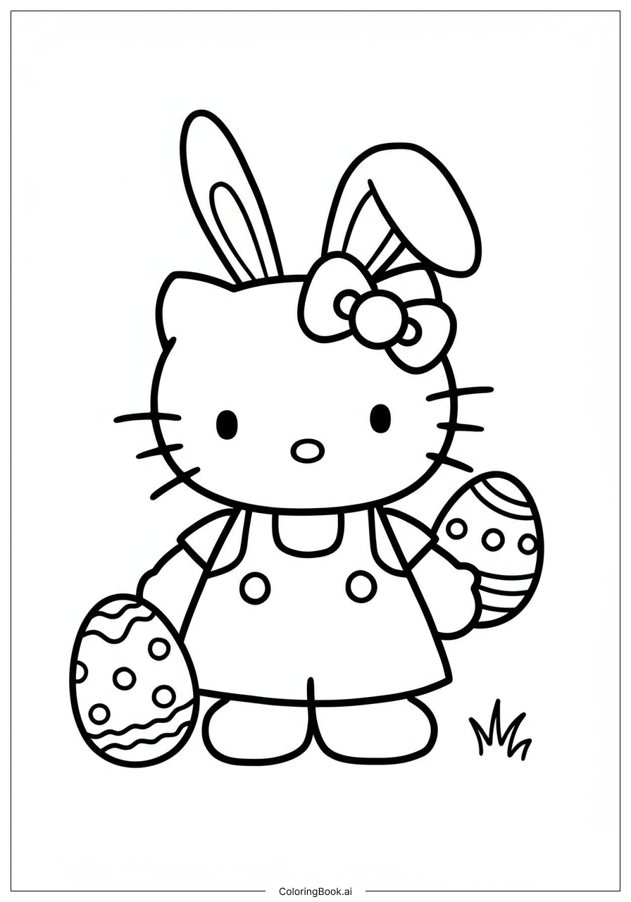  Hello Kitty Dressed as Easter Bunny with Eggs Coloring Page 