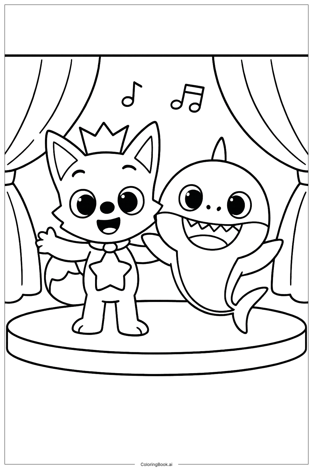  ステージのピンクフォンとベビ―シャークの塗り絵ページ 