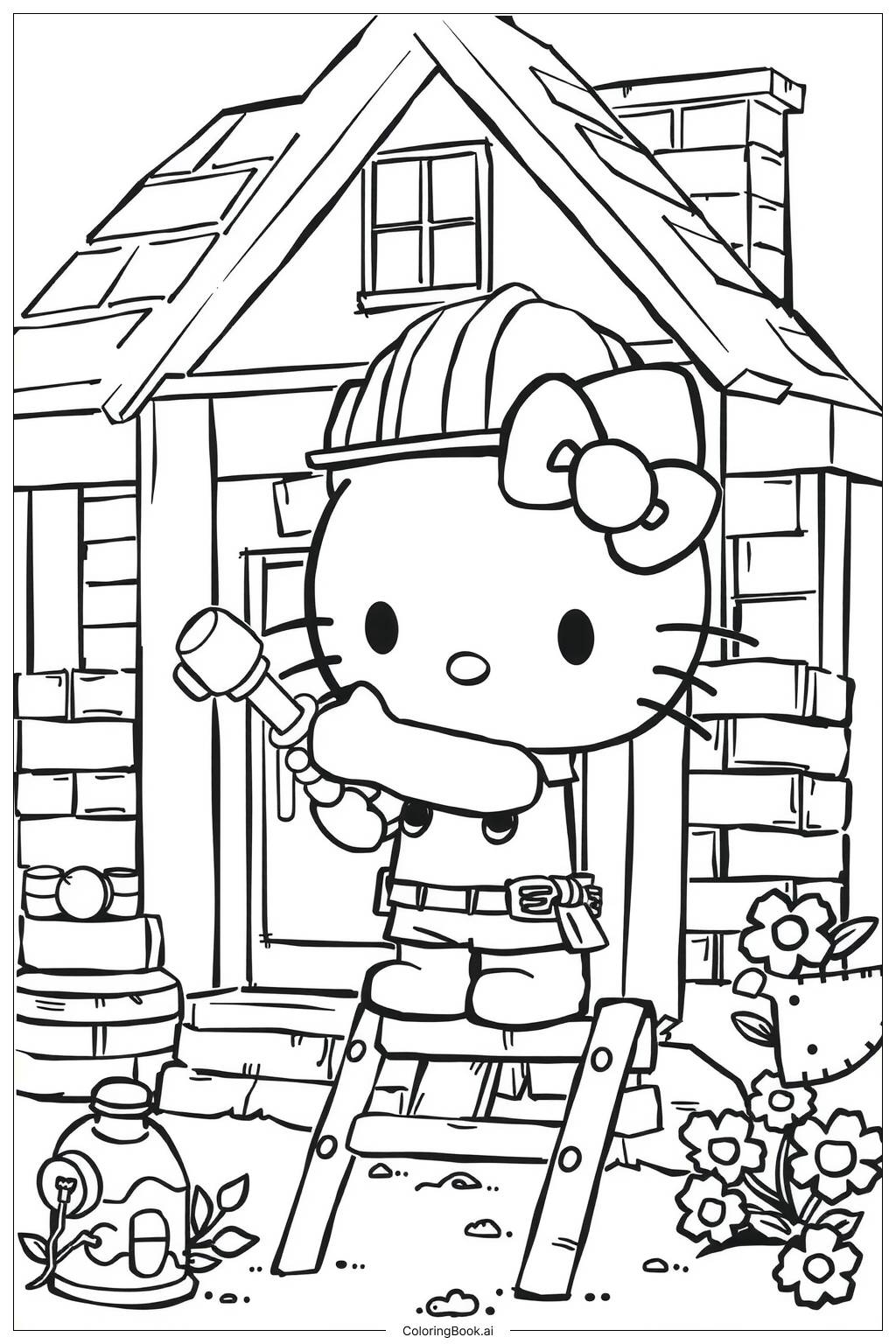  Página para colorir de hello kitty construindo sua casa dos sonhos-2 