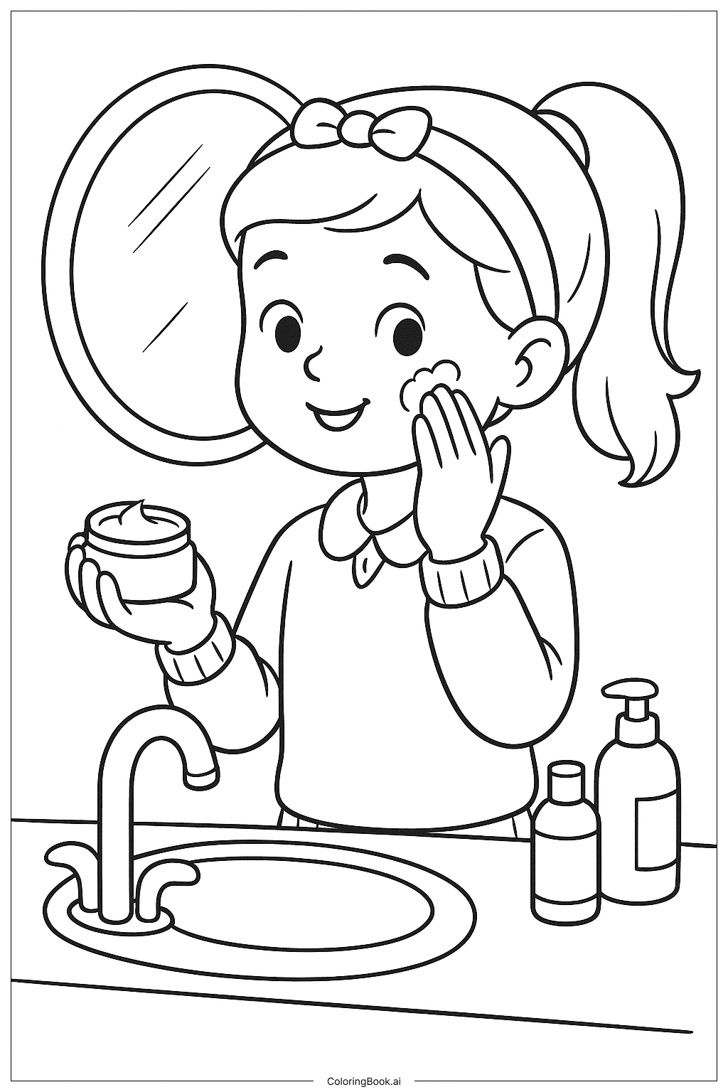 Preppy Girl Doing Her Skincare Routine Coloring Page