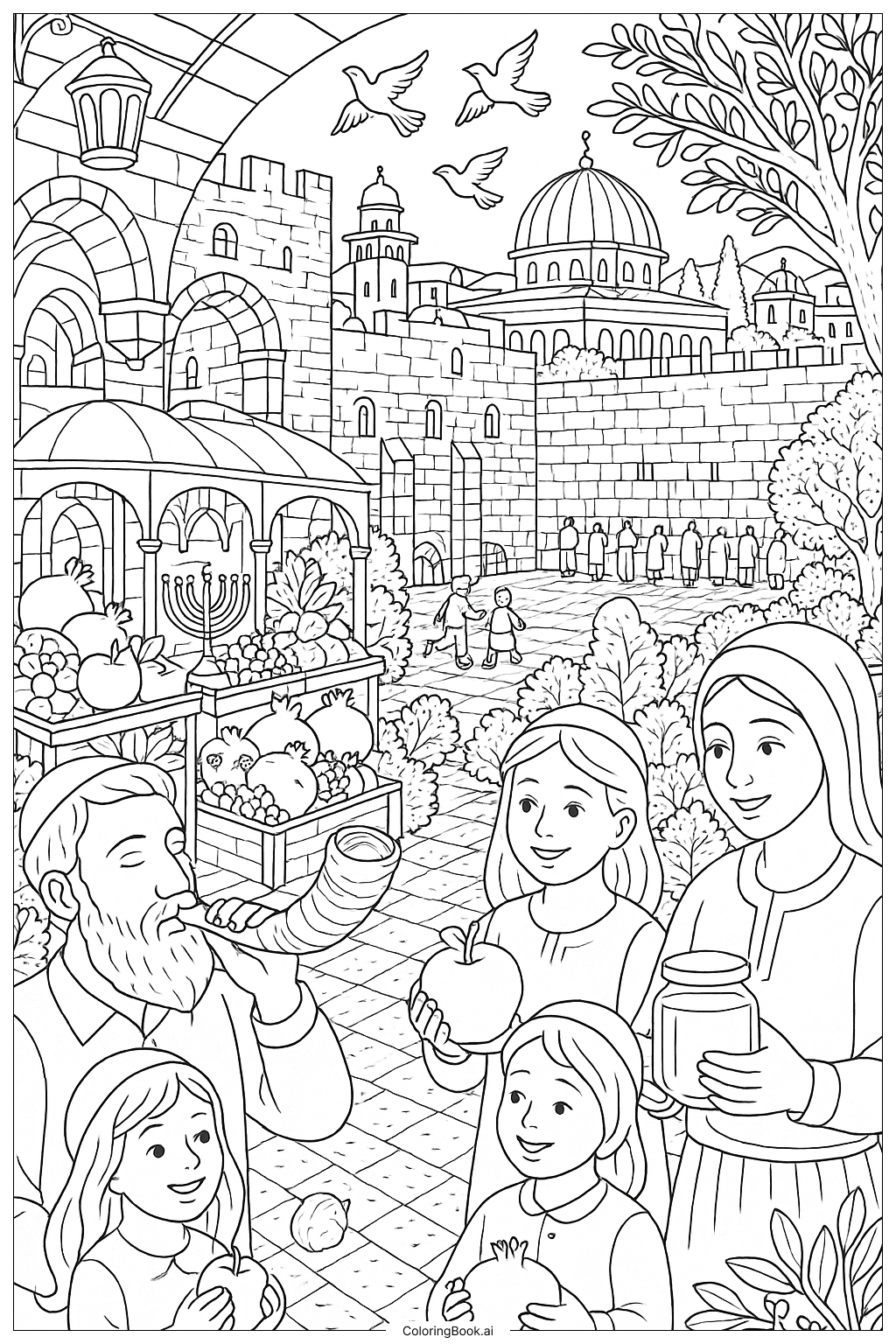  A Detailed Rosh Hashanah Jerusalem Scene著色頁 