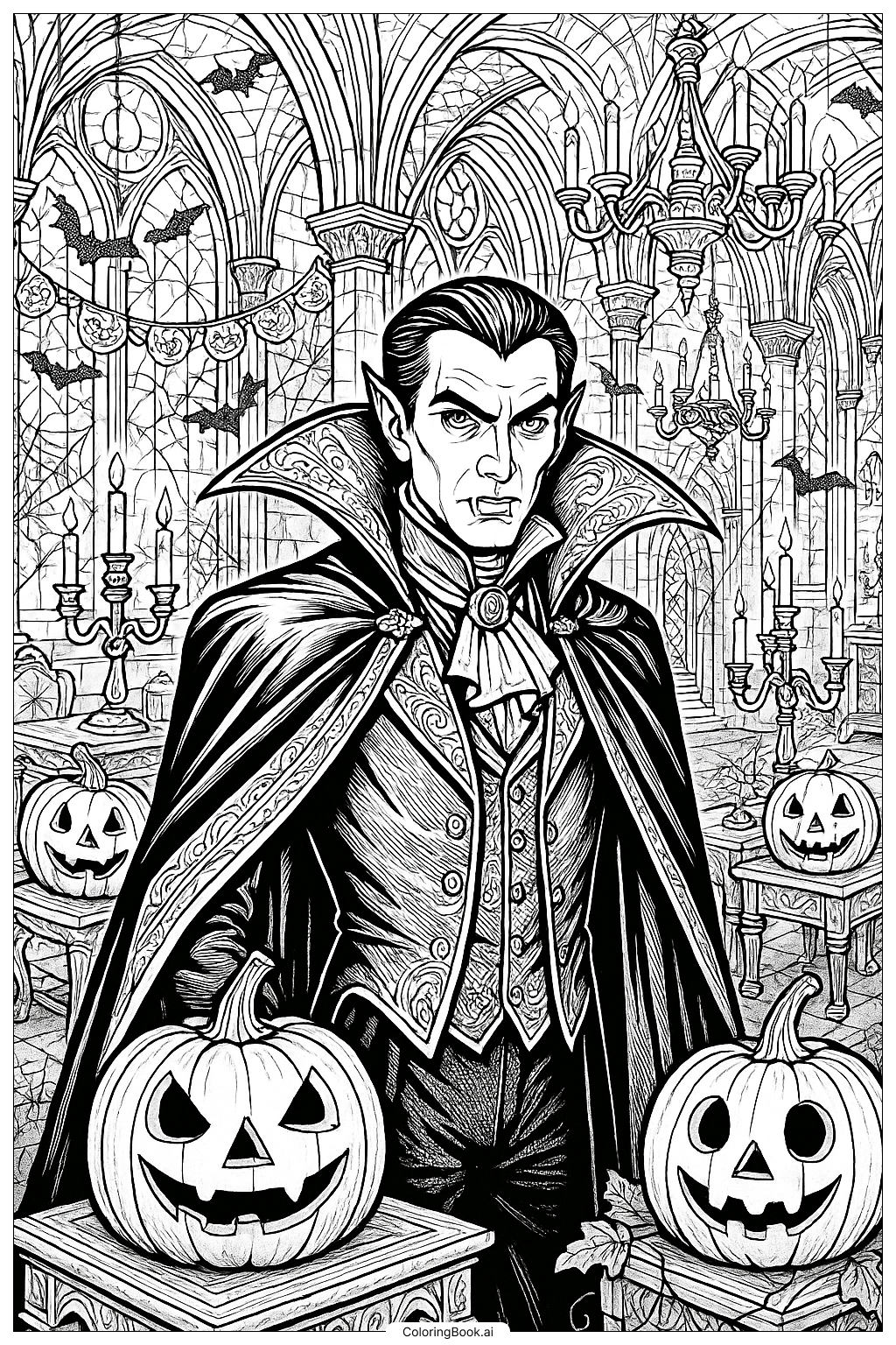  Ein majestätischer Vampir in einem Schloss zu Halloween 2025 Ausmalseite 