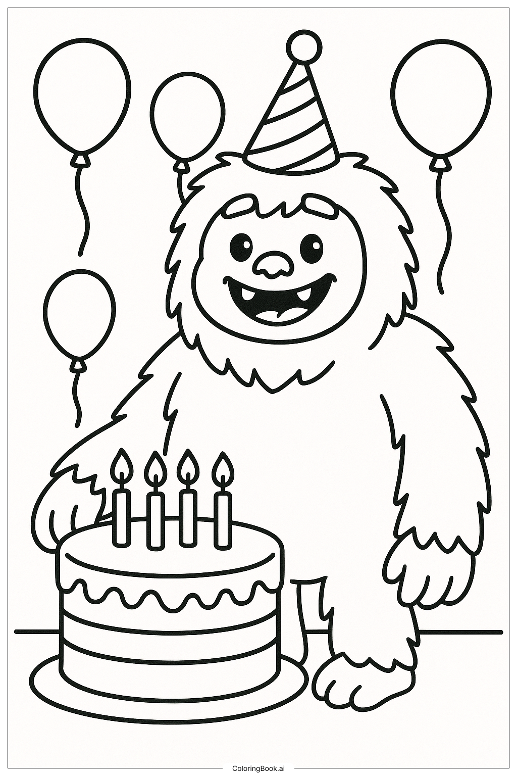 Page de coloriage Yéti célébrant une fête d'anniversaire 