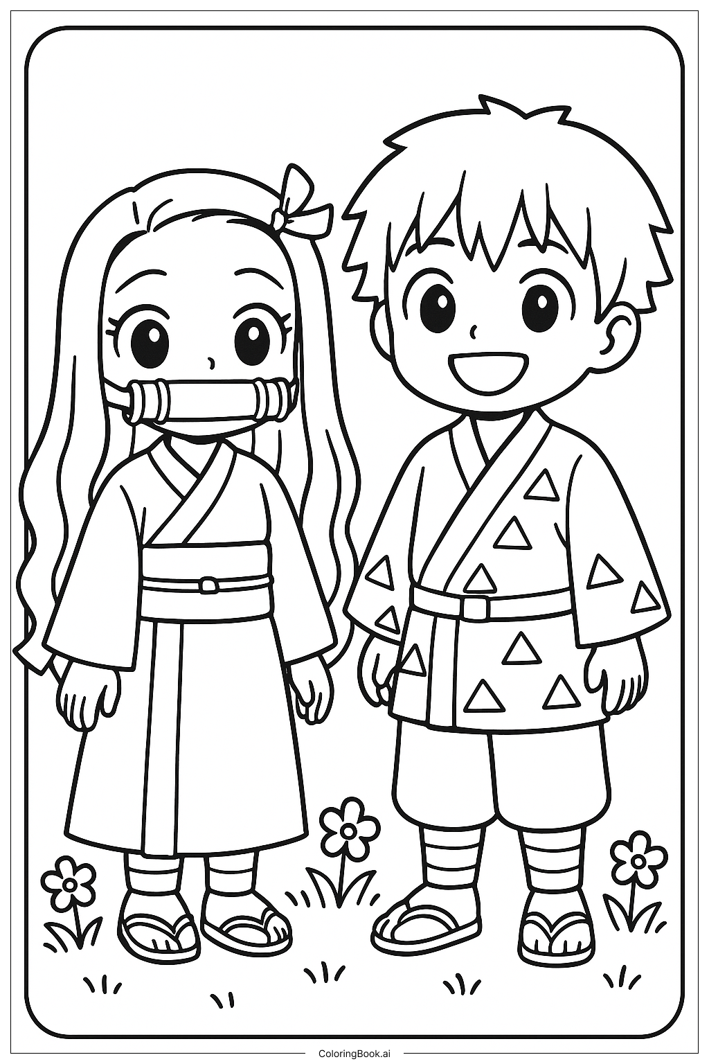  Página para colorear de Nezuko y Zenitsu juntos 