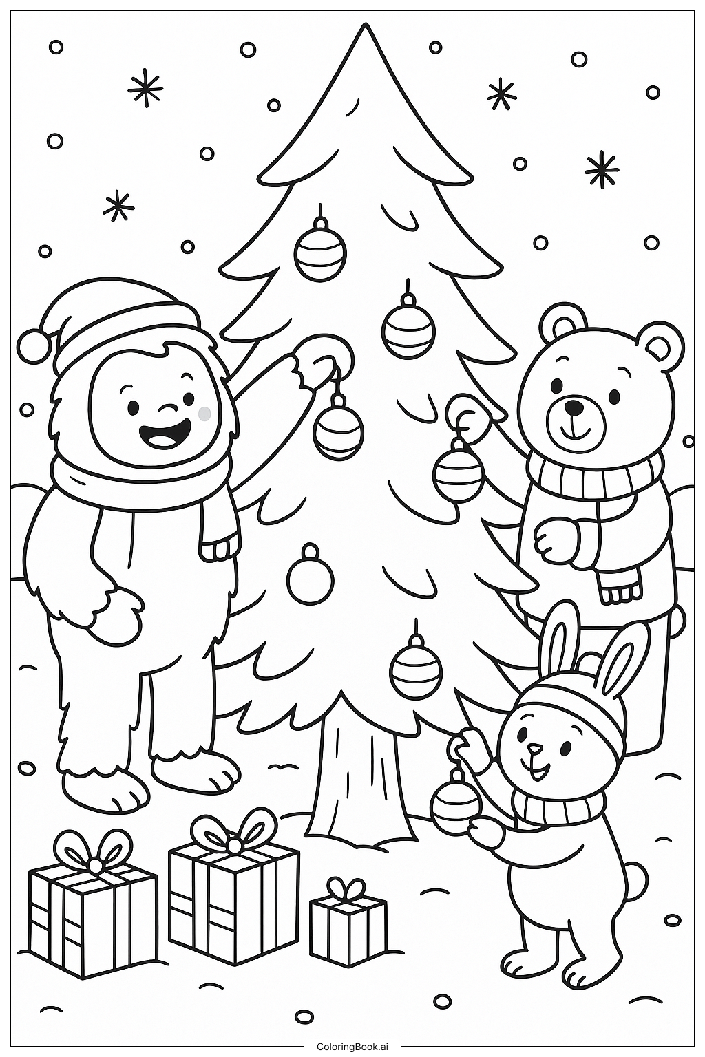  Page de coloriage Le Yéti et ses amis décorent un arbre 